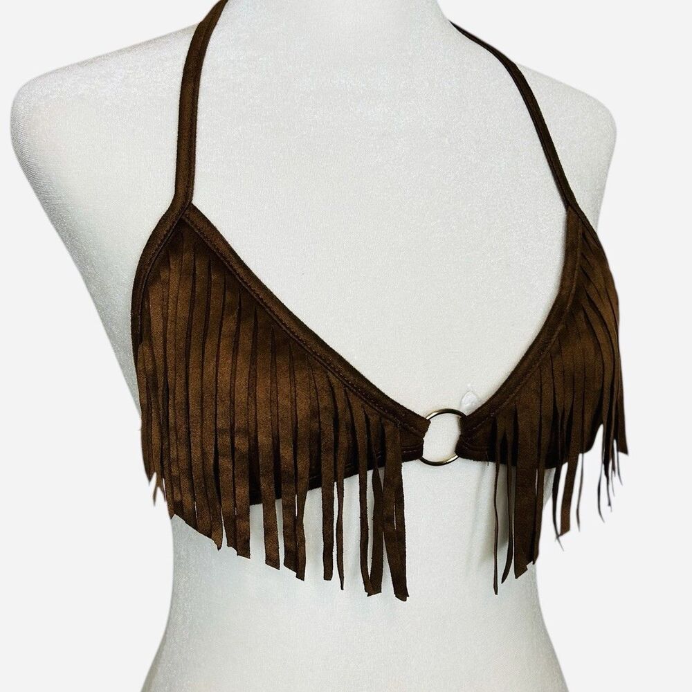 Hippie Fringe Triangle Top Bralette Sz 8/10 Faux Suede Microfiber Brown Festival